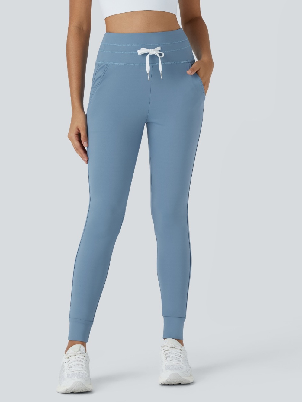 HALARA High Waisted Slate Blue Women's Jogger Track Pants with White Drawstring